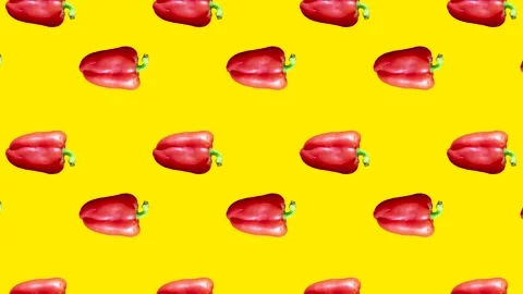 Bell peppers in seamless loop pattern on a yellow background. Red vegetables Stock Footage 222323349