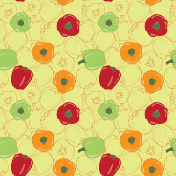Bell peppers seamless pattern on light yellow background Stock Illustration