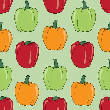 Bell peppers vector seamless pattern on green Stock Illustration