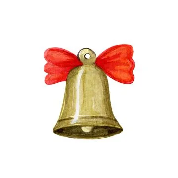 Bell with a red bow on a white background. watercolor illustration Stock Illustration
