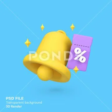 Bell reminder notification with voucher sale discount and sparkle isolated .. PSD Template