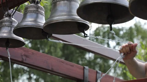 The bell-ringer rings bells in small town, Russia Vídeo Stock 148489495