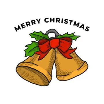 Bell Ringing Christmas Hand Drawn Cartoon. Golden Bell Icon Logo. Christmas O Stock Illustration