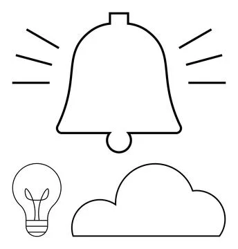 Bell with ringing lines above, light bulb, and cloud below in minimalist line Illustrazione stock