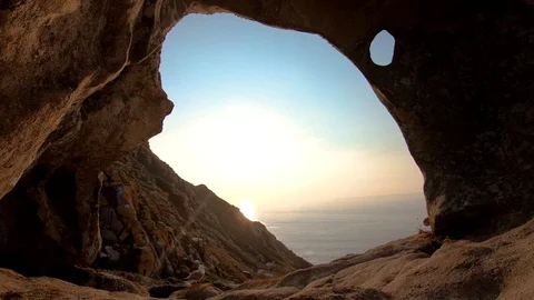 BELL ROCK CIES ISLANDS FROM INSIDE WITH SUNSET Stock Footage 94230435