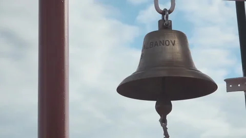 Bell rynda on the ship against blue sky with clouds. Stock Footage 138962392