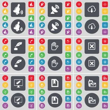 Bell, Satellite dish, Cloud, Ink pot, Hand, Stop, Monitor, File, Message icon sy Stock Illustration