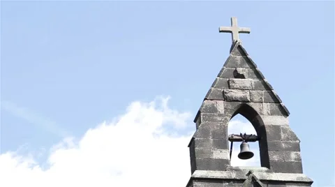 Bell Tower Against Blue Sky Fluffy Clouds - Beautiful Light Over Old Countryside Video stock 49070073