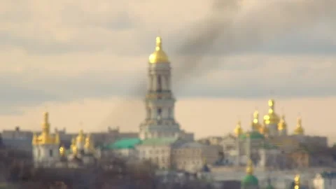 Bell tower and ancient cave monastery blurred background Stock Footage 171620448