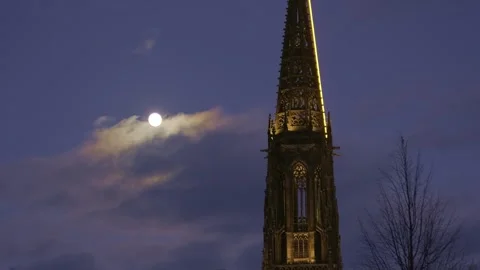 Bell tower and night view of the church of St. Lamberti. Munster Stock Footage 245444013