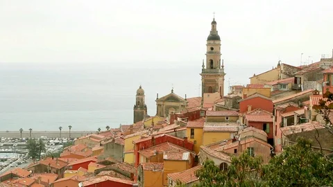 The bell tower of the cathedral of Menton facing the sea. France. Stock Footage 109149678