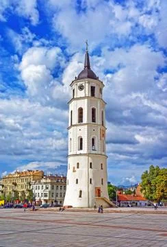 Bell tower at Cathedral Square in Old town of Vilnius Stock Photos