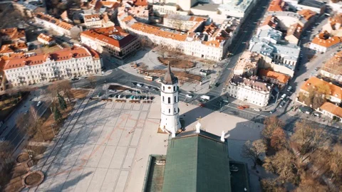 Bell tower in Cathedral Square in Vilnius, Lithuania, aerial hyperlapse Stock Footage 104617604
