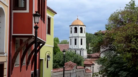 Bell tower of Church of St Constantine and St Helena, Ancient Town of Plovdiv Stock Footage 194469948