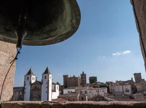 Bell Tower of Co-cathedral, panoramic view of the ancient city of Caceres, pl Stock Photos