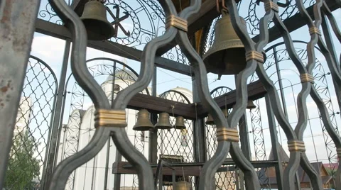 Bell Tower curch, small and big bells, metal construction, daytime,outdoors Stock Footage 63487904