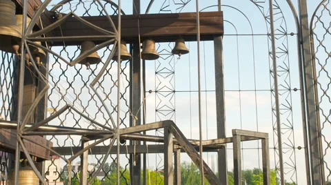 Bell Tower curch, small and big bells, metal construction, daytime,outdoors Stock Footage 63488351