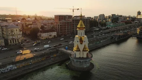 Bell Tower on Dnipro River, Podil district in Kyiv, Ukraine. St. Nicholas the Stock Footage 201018529