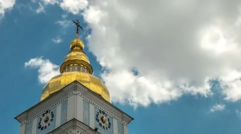 Bell tower dome of St. Michael's Cathedral. Kiev, Ukraine.  Timelapse video Stock Footage 64500864