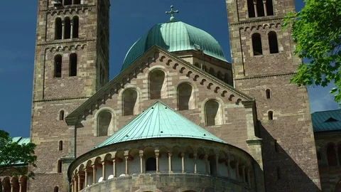 Bell tower front of the Speyer Cathedral, famous UNESCO world heritage site Stock Footage 79064333