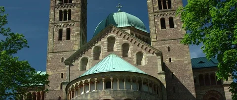 Bell tower front of the Speyer Cathedral, UNESCO world heritage site (RED 5K ws) Stock Footage 79107098