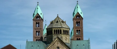 Bell tower front of the Speyer Cathedral, UNESCO world heritage site (RED 5K ws) Stock Footage 79110940
