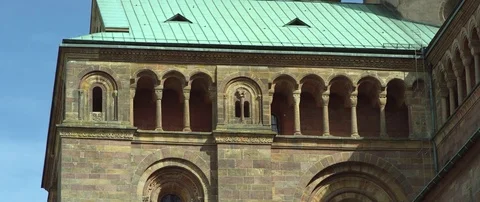 Bell tower front of the Speyer Cathedral, famous UNESCO world heritage site Stock Footage 79114544