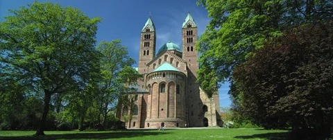 Bell tower front of the Speyer Cathedral, (RED 5K ws 21:9) Video stock 79156331