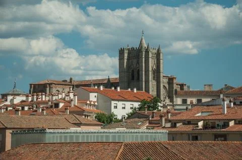 Bell tower from gothic Cathedral amid roofs at Avila Stock Photos