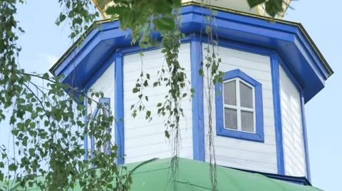 Bell Tower of Green Roofed Small Church Cloudy Day in Poltava Branches of a Stock Footage 64106192