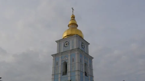 Bell Tower of Mikhailovsky Cathedral Clock Golden Cupola Tower is Painted With Stock Footage 58005162