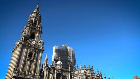 Bell tower on the rear side of the cathedral of Santiago de Compostela Stock Footage 71006371