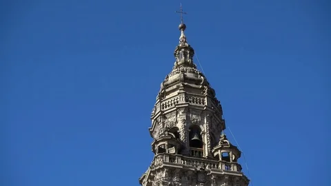 Bell tower on the rear side of the cathedral of Santiago de Compostela Video stock 71006562