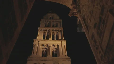 Bell tower of Saint Domnius Cathedral in Split, at night Video stock 219971355