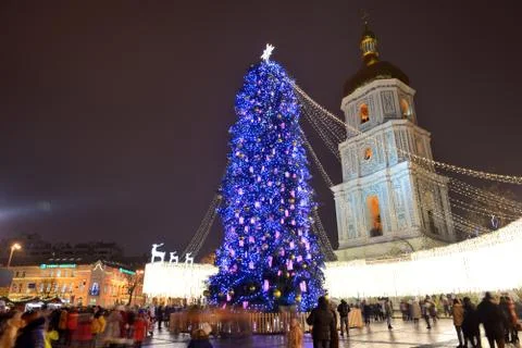The Bell Tower of Saint Sofias Cathedral and New Year Tree Stock Photos