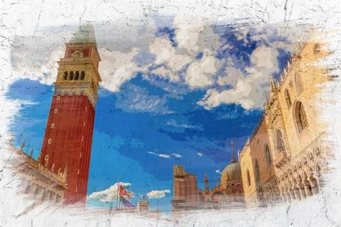 Bell tower on St. Mark's Square, Venice, watercolor painting Stock Illustration