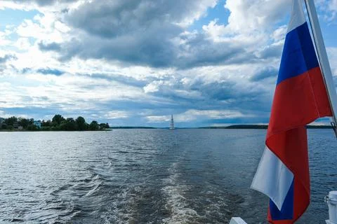 The bell tower surrounded on all sides by water in the city of Kalyazin Russia Stock Photos