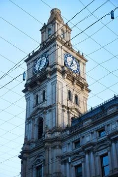 Bell Tower with Wires in Front Stock-Fotos