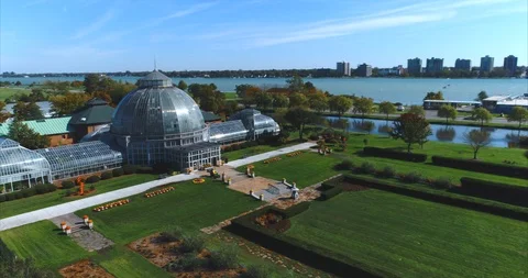 Belle Isle Conservatory Detroit Aerial Stock Footage