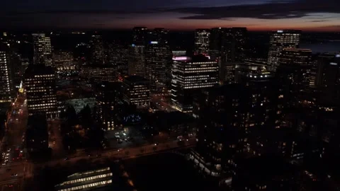 Bellevue Washington State Downtown at Night with City Lights, Aerial Flight Stock Footage 344876859