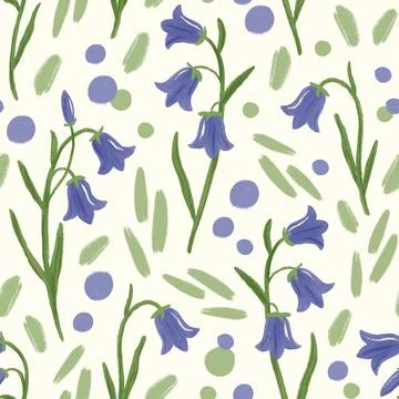 Bellflower seamless pattern. Hand drawn bluebell flowers on off white background Stock Illustration