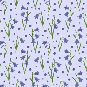 Bellflower seamless pattern. Hand drawn elegant bluebell flowers on light purple Stock Illustration