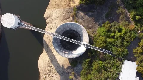 Bellmouth Overflow Dried Up, Shing Mun Resevoir, Hong Kong - Aerial Footage Stock Footage 246291114