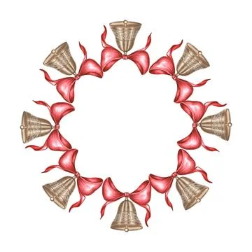 Bells with red bows. Frame round, wreath vintage. Hand drawn watercolor Stock Illustration