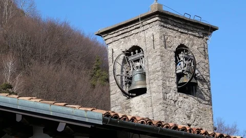 The bells of the Sanctuary Madonna del Ghisallo, Italy Stock Footage