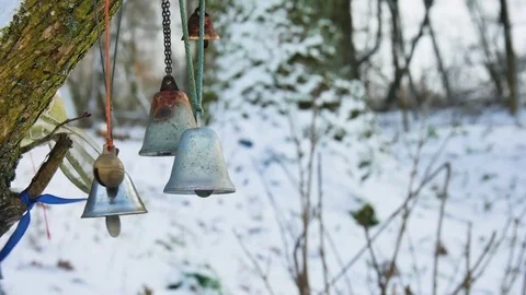 Bells in a winter forest blowing gently in the wind Stock Footage 72551091