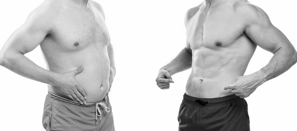 Belly abs comparison of men in studio, point finger. cropped view of men with Foto stock
