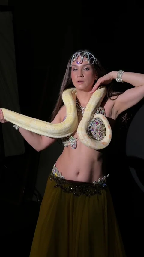 Belly Dancer Posing with Albino Python in Dark Studio Stock Footage 329150255