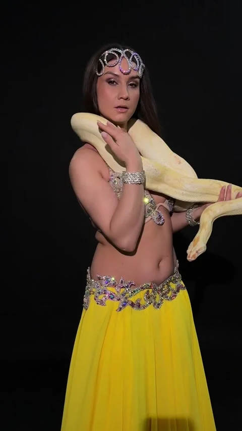Belly Dancer Posing with Albino Python on Black Background Stock Footage 329150301