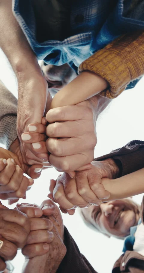 Below, flare and holding hands with people outdoor together for solidarity Stock Footage 342317559